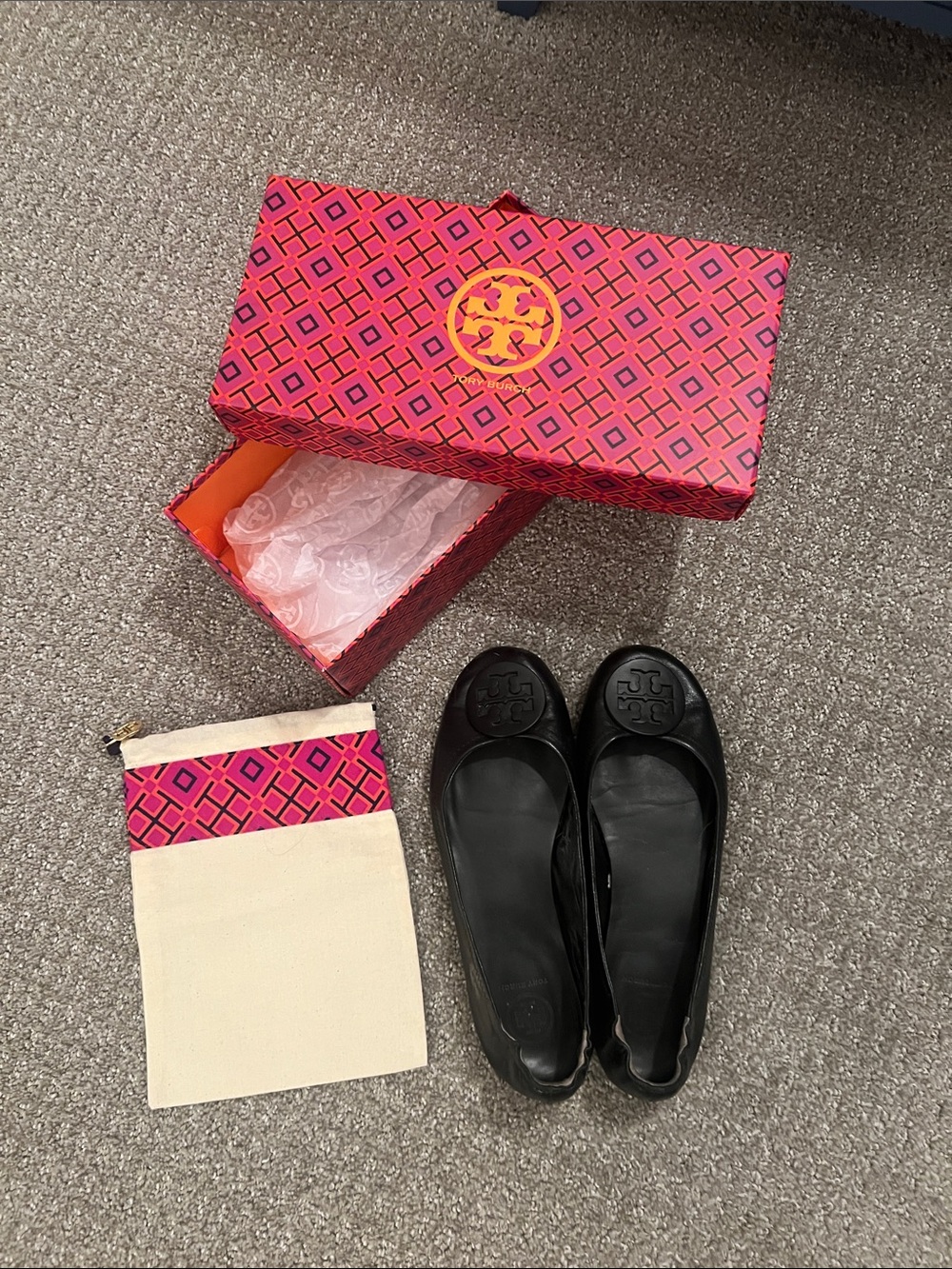 Tory Burch Black Nappa Leather Logo Ballet Flats